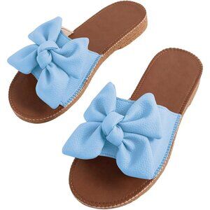 Women's Light Blue Bow Knot Open Toe Leather Flat Slides Slippers Shoes